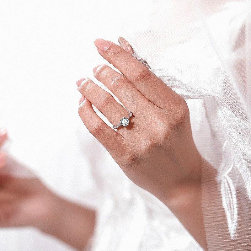 1Ct/2Ct/3Ct Moissanite Round Cut Six Prong Side Stones Promise Engagement Ring-Sterling Silver-lornajewelry