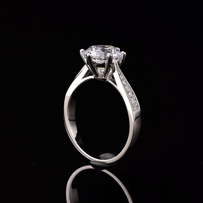 1Ct/2Ct/3Ct Moissanite Round Cut Six Prong Side Stones Promise Engagement Ring-Sterling Silver-lornajewelry