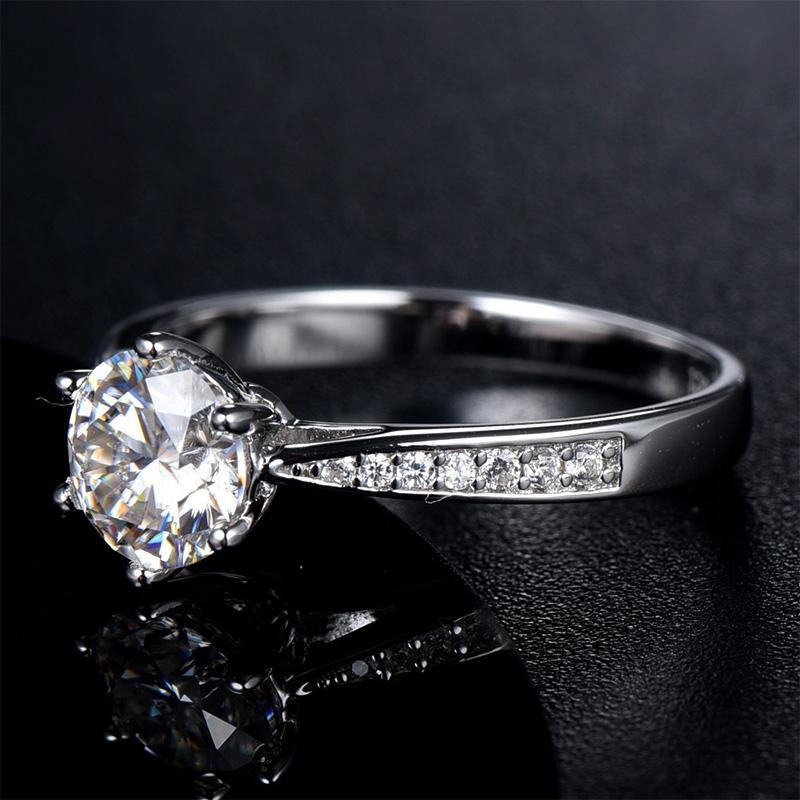 1Ct/2Ct/3Ct Moissanite Round Cut Six Prong Side Stones Promise Engagement Ring-Sterling Silver-lornajewelry