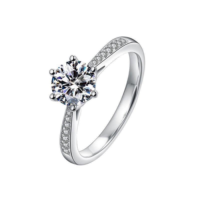 1Ct/2Ct/3Ct Moissanite Round Cut Six Prong Side Stones Promise Engagement Ring-Sterling Silver-lornajewelry