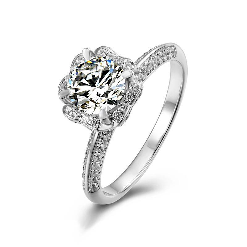 1Ct Moissanite Halo Hand Flower Four Prong Pave Engagement Ring-Sterling Silver-lornajewelry