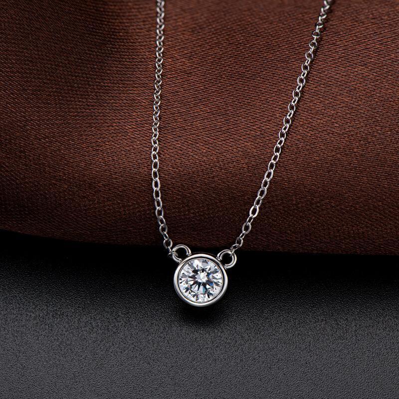 Moissanite Solitaire Round Bezel Sterling Silver Necklace Pendant-Sterling Silver-lornajewelry