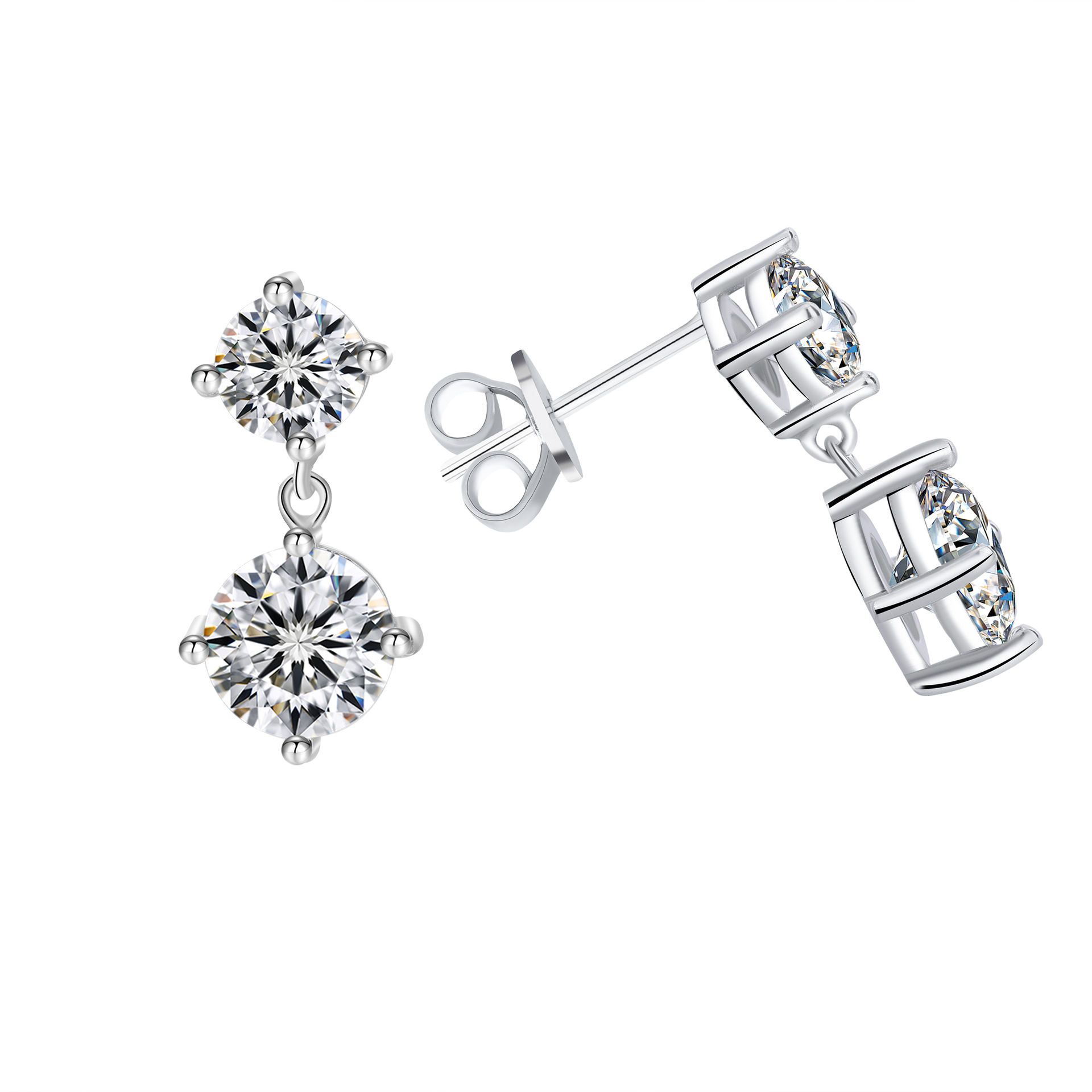 Luna Moissanite Round Cut Two-Stone Drop Earrings In Sterling Silver