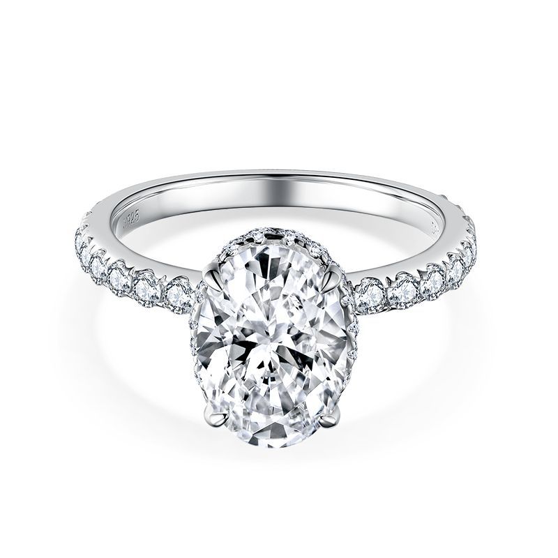 2.5Ct Moissanite Oval Cut Hidden Halo Pave Sterling Silver Engagement Ring