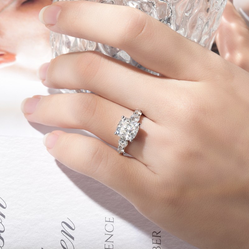 3Ct Moissanite Cushion Cut Round Side Chic Five-Diamond Statement Engagement Ring
