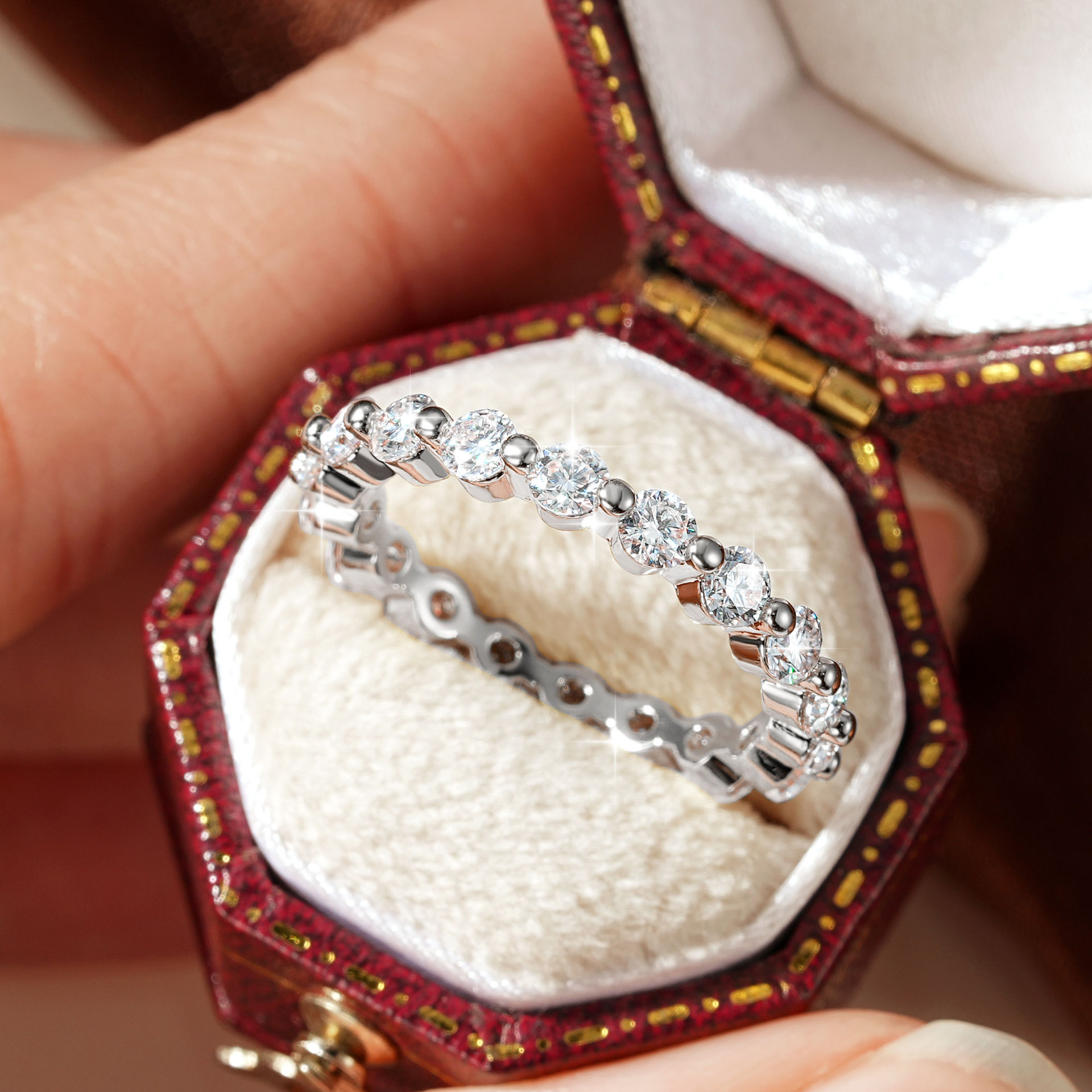 Luna Moissanite Round Cut Classic Full Eternity Wedding Band In Sterling Silver