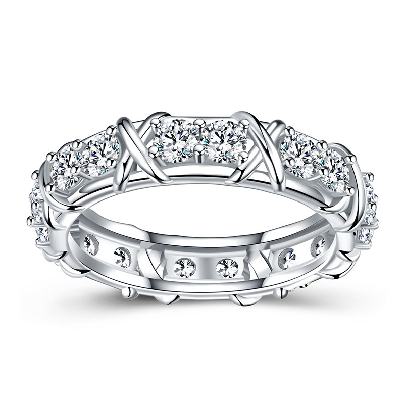 Luna Moissanite Round Cut X-Prong Full Eternity Wedding Band In Sterling Silver