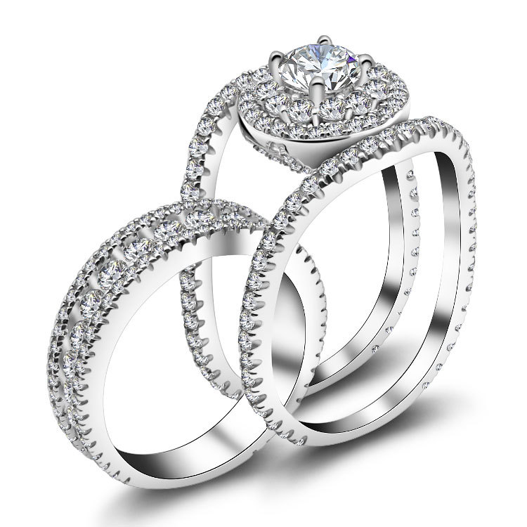 1Ct Luxurious Double Halo Full Eternity Insert Wedding Ring Set in Sterling Silver