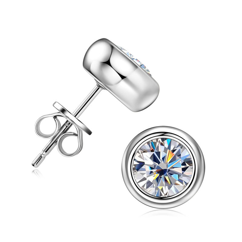 1Ct Moissanite Classic Round Bezel-Set Solitaire Stud Earrings in Sterling Silver