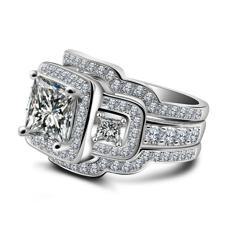3Ct Luxurious Vintage Princess Cut Halo Side Stone Wedding Ring Set in Sterling Silver