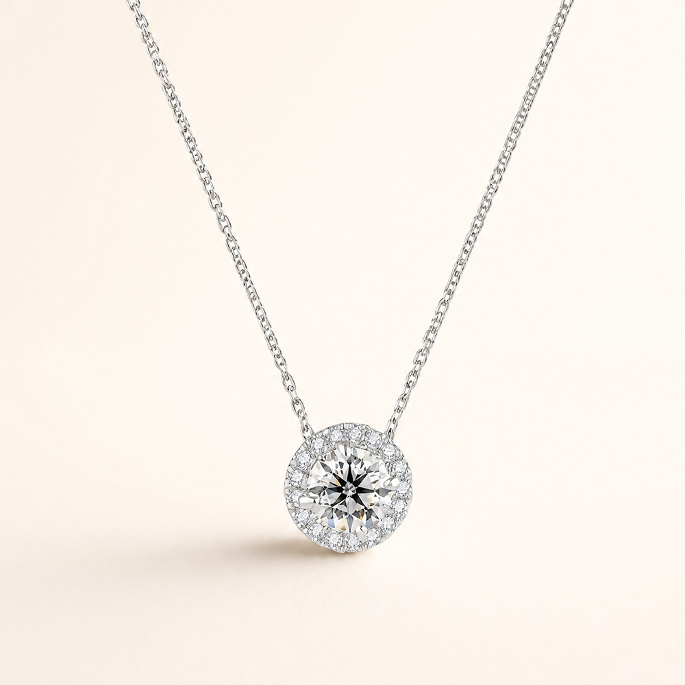 Luna Moissanite 1.0 Ct Round Cut Halo Pendant Necklace In Sterling Silver