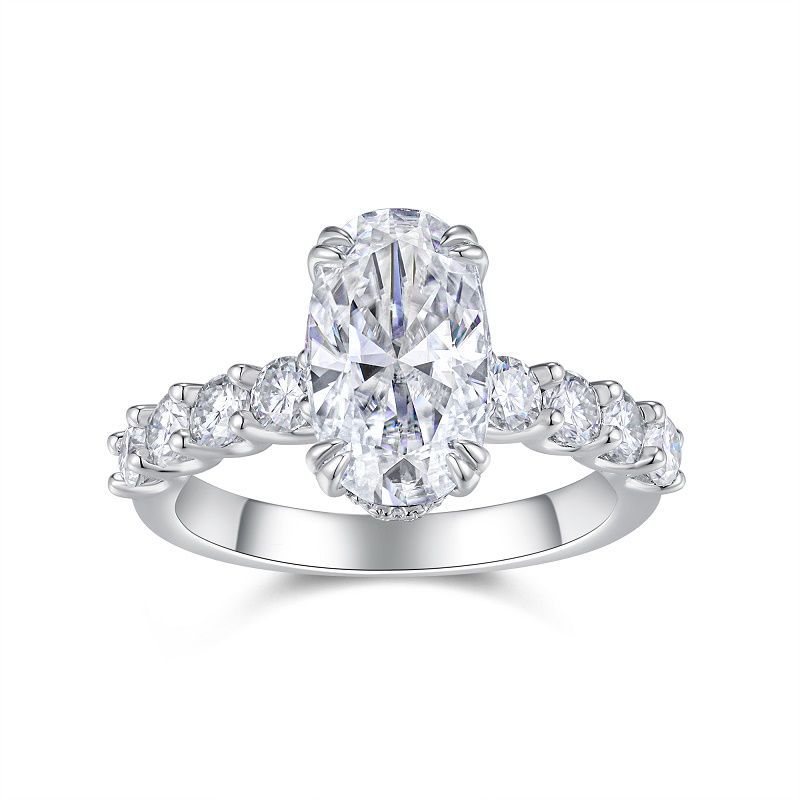 3Ct Moissanite Oval Cut Nine Stone Sidestone Sterling Silver Engagement Ring