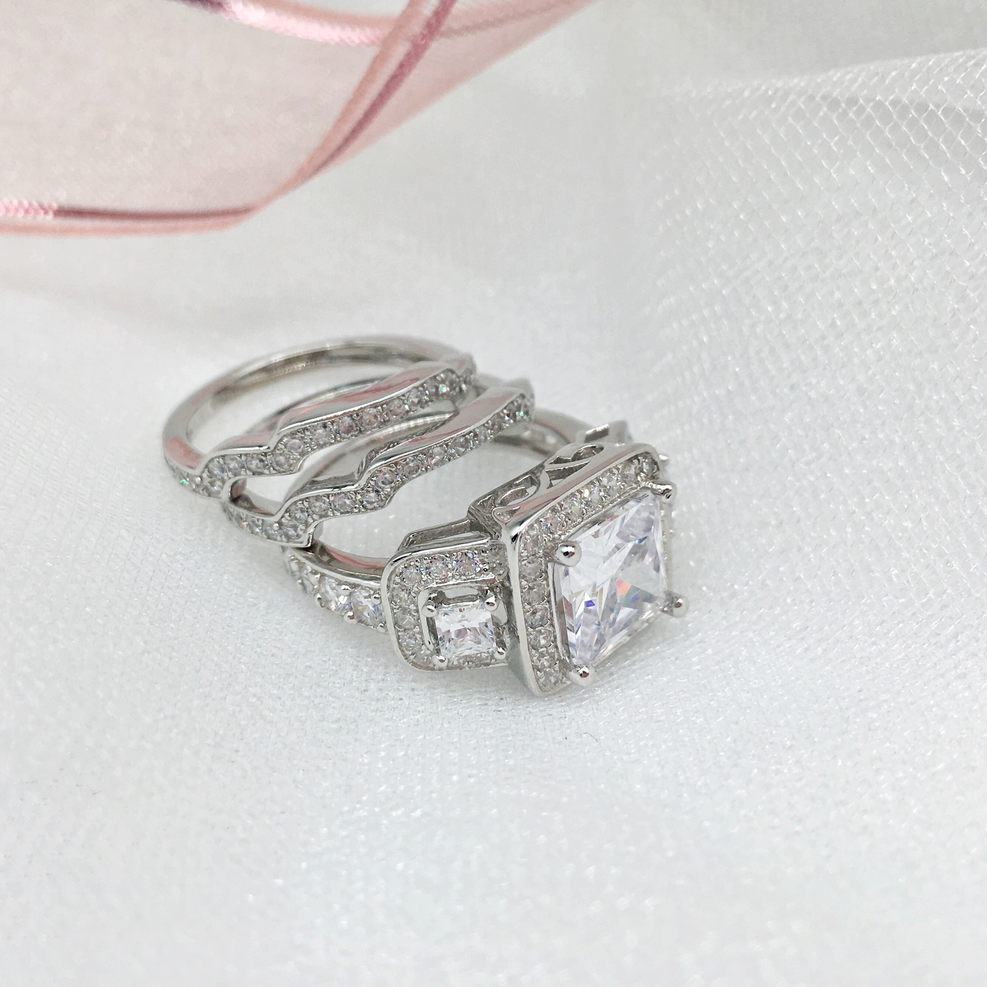 3Ct Luxurious Vintage Princess Cut Halo Side Stone Wedding Ring Set in Sterling Silver