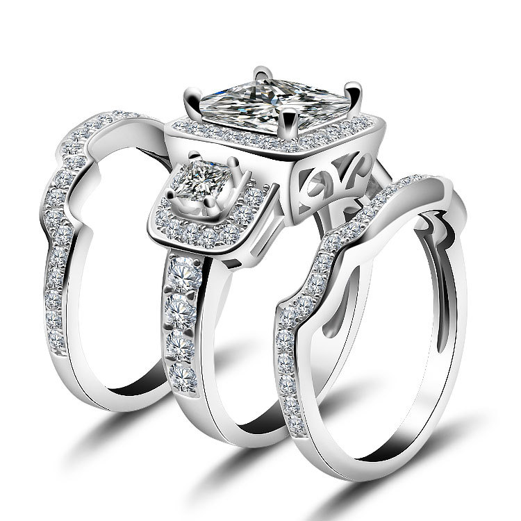 3Ct Luxurious Vintage Princess Cut Halo Side Stone Wedding Ring Set in Sterling Silver