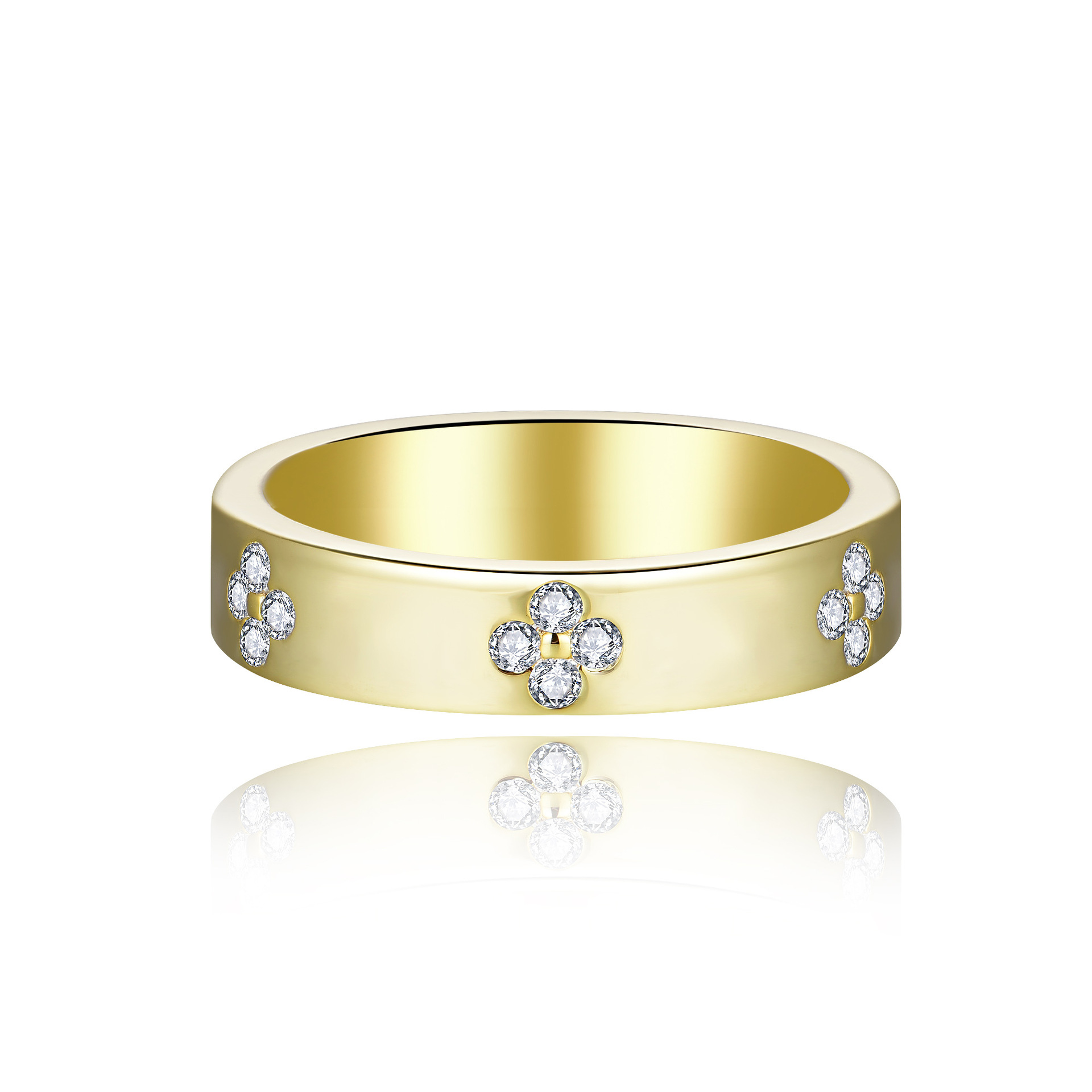 Luna Moissanite Round Cut Lucky Four-Leaf Clover Wedding Band In Sterling Silver