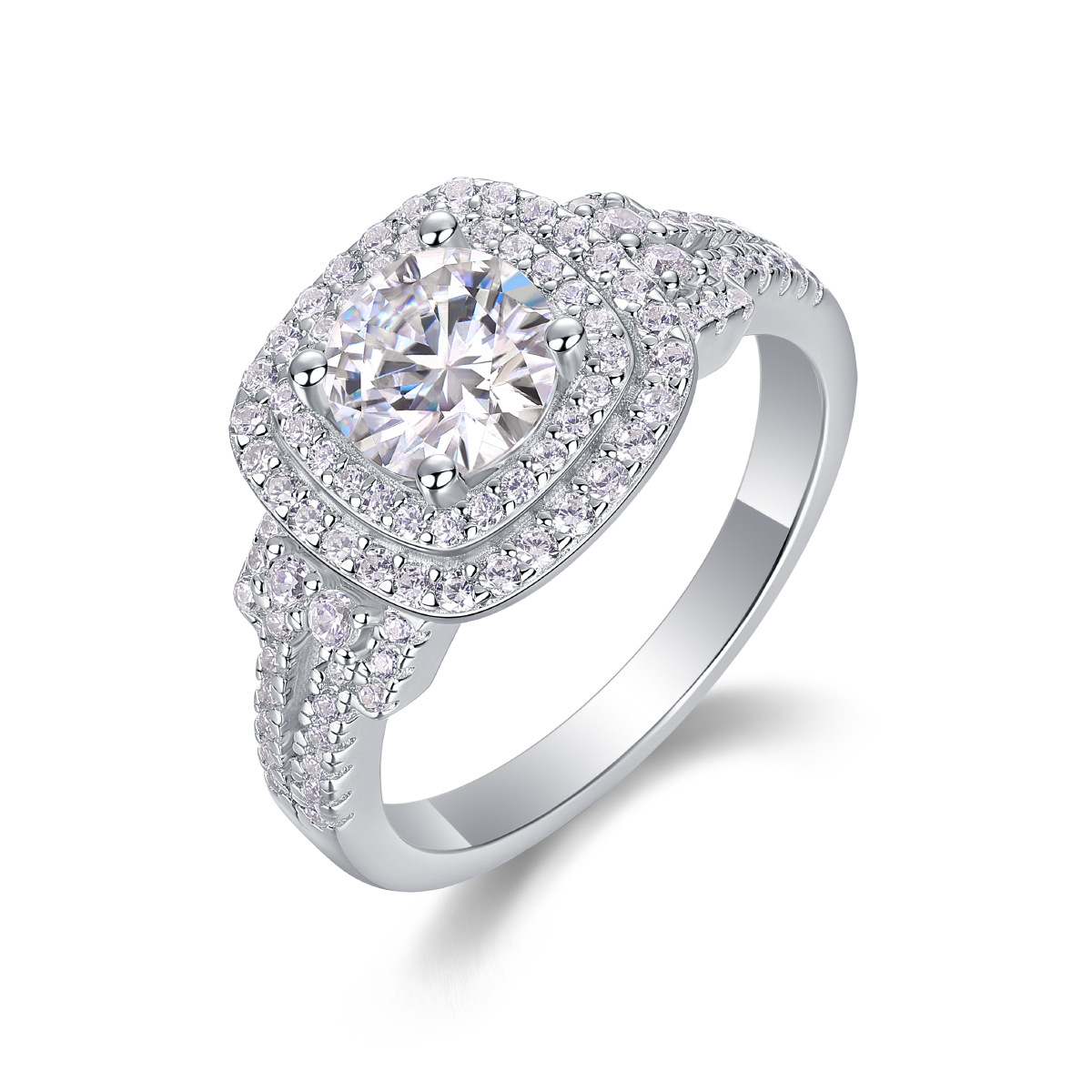 1Ct Round Cut Moissanite Halo Embraced 4-Prong Sterling Silver Engagement Ring