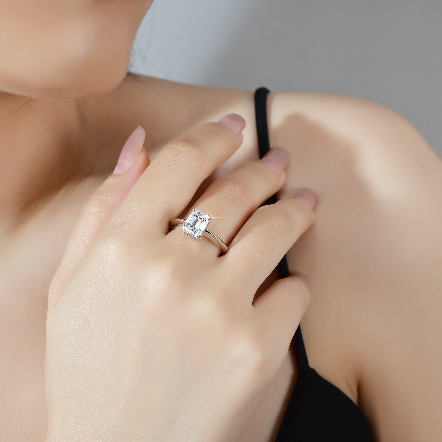 2Ct Moissanite Emerald Cut Solitaire Engagement Ring in Sterling Silver