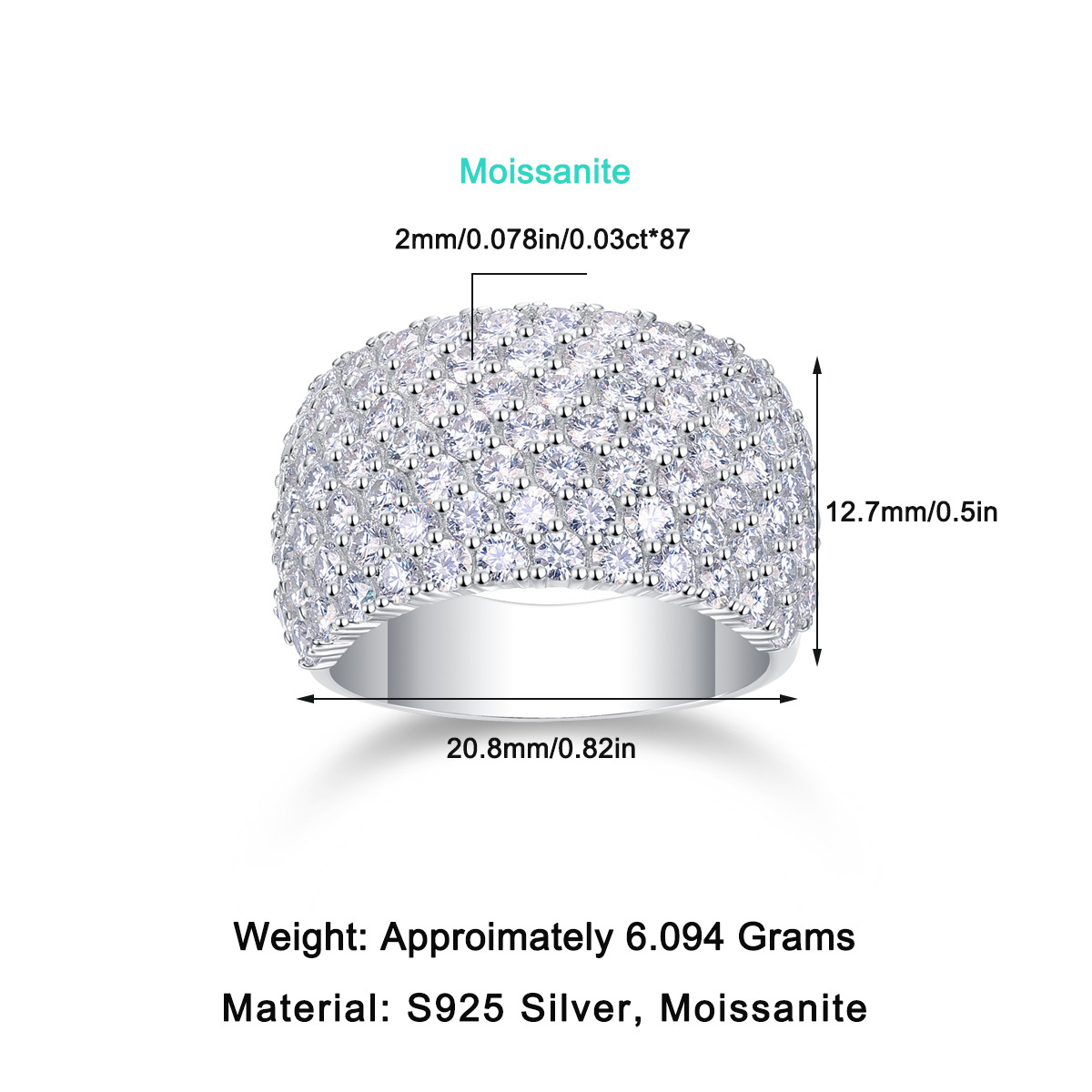 7-Row Moissanite Women's Wedding Band In Sterling Silver-Sterling Silver-lornajewelry