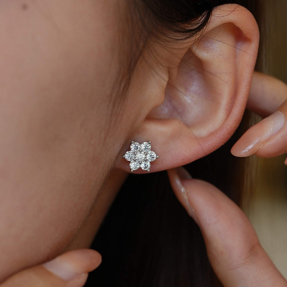 Luna Moissanite Flower Design Stud Earrings In Sterling Silver