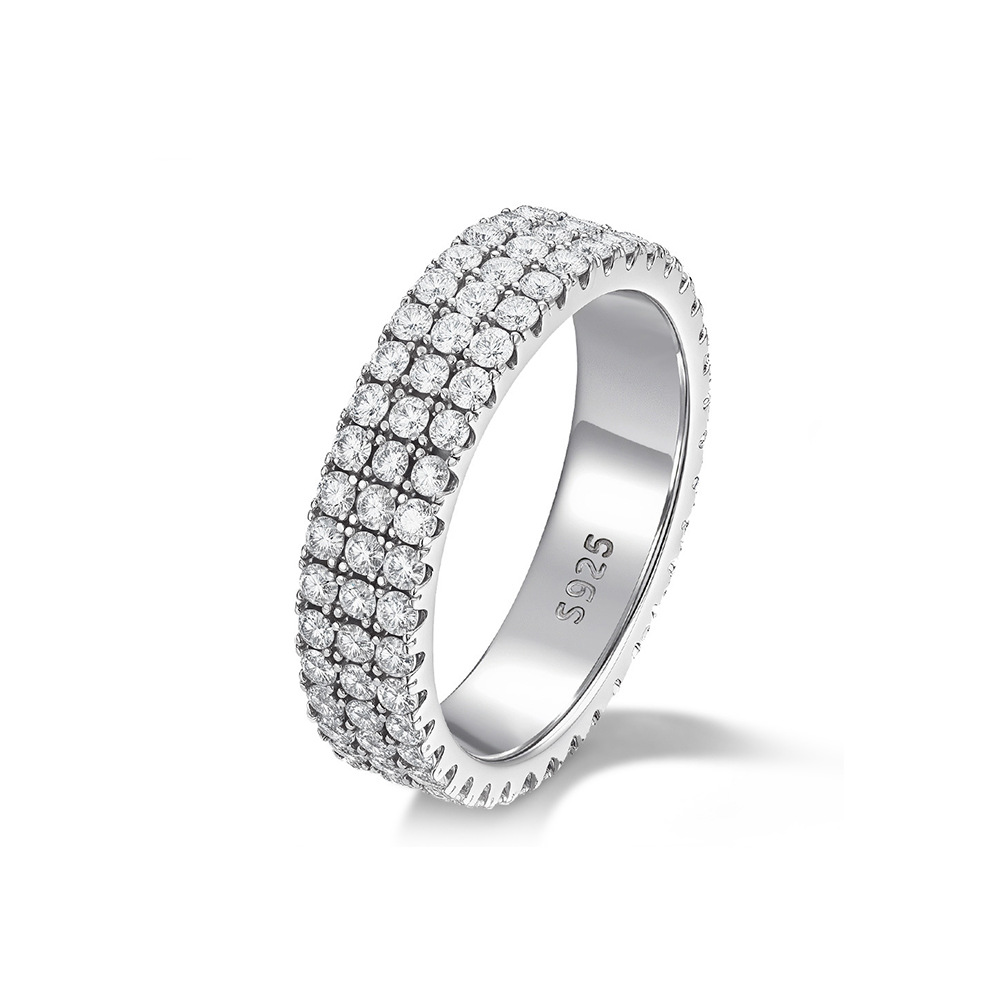 Luna Moissanite Round Cut 3 Row Pave Full Eternity Wedding Band In Sterling Silver
