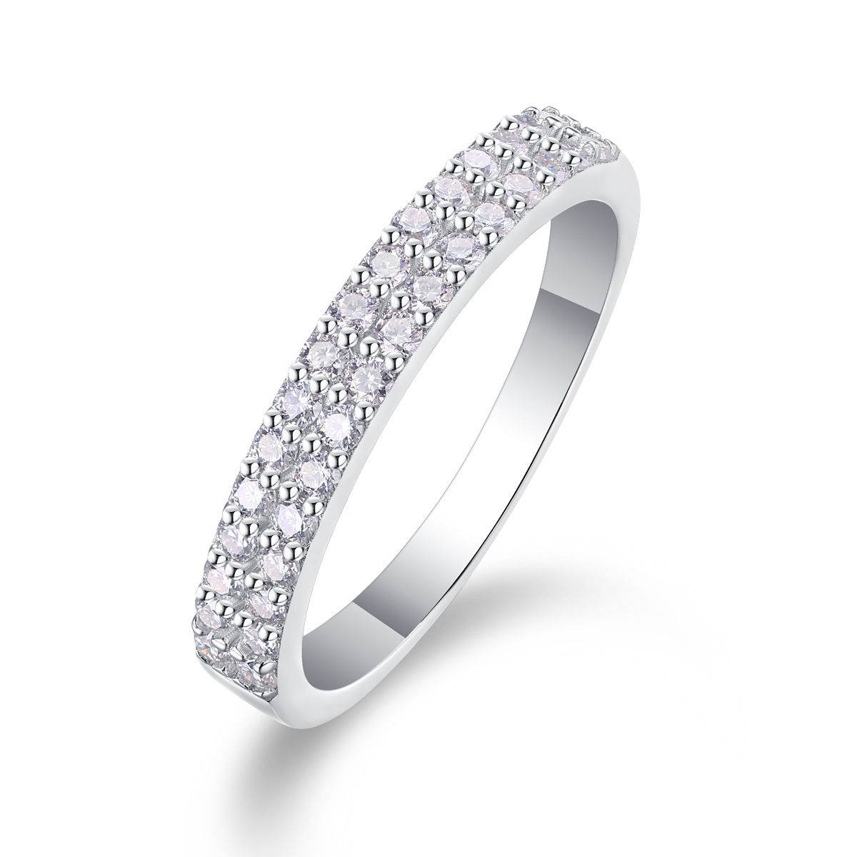 Luna Moissanite Round Cut Double Line Pave Half Eternity Wedding Band In Sterling Silver