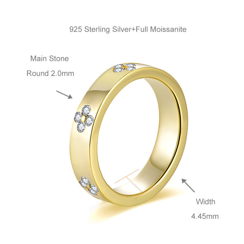 Luna Moissanite Round Cut Lucky Four-Leaf Clover Wedding Band In Sterling Silver