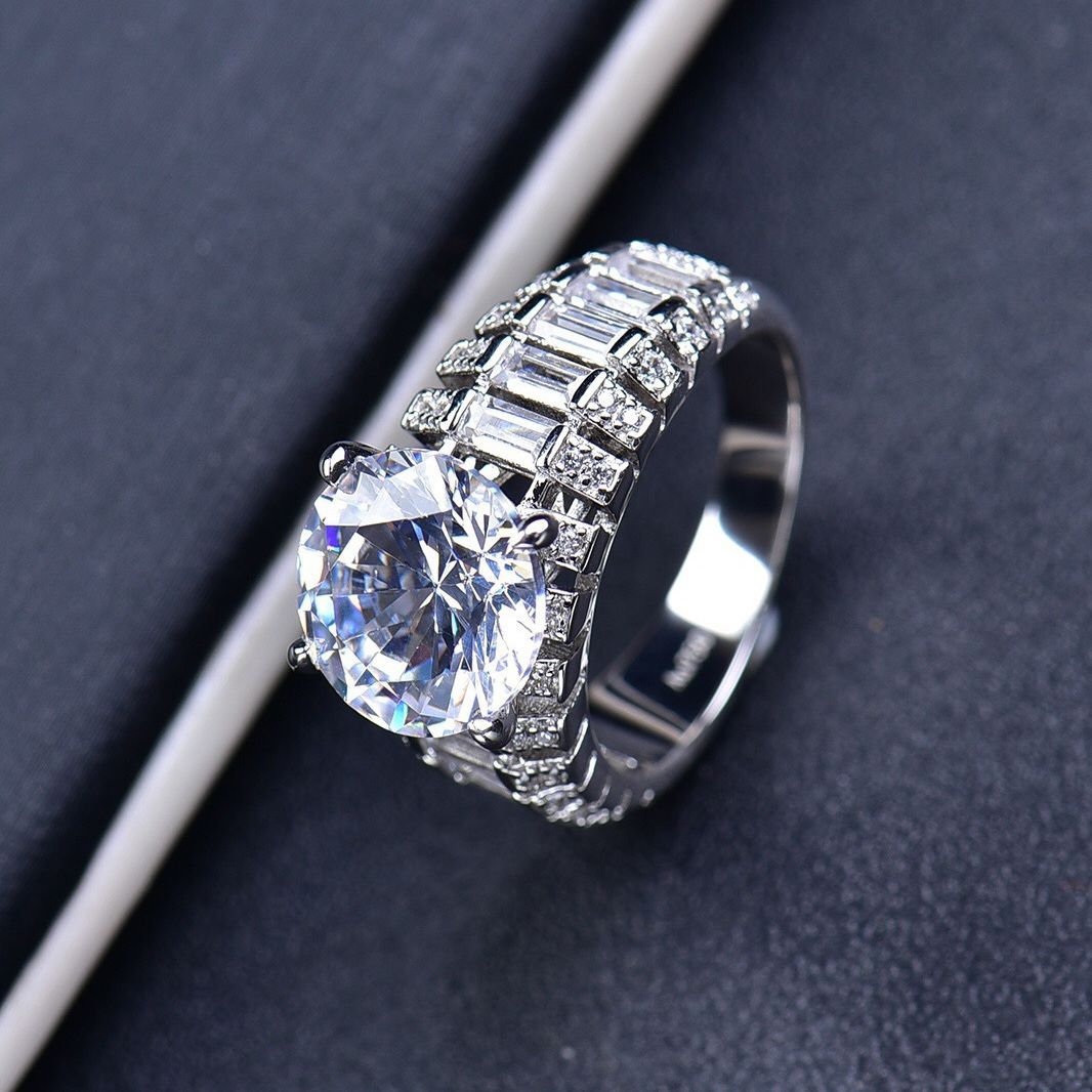 5Ct Moissanite Three-Row Tapered Shank Sterling Silver Engagement Ring