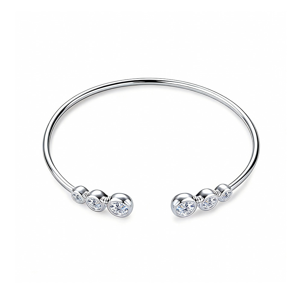 Luna Moissanite Round Cut Bezel Set Open Bracelet In Sterling Silver