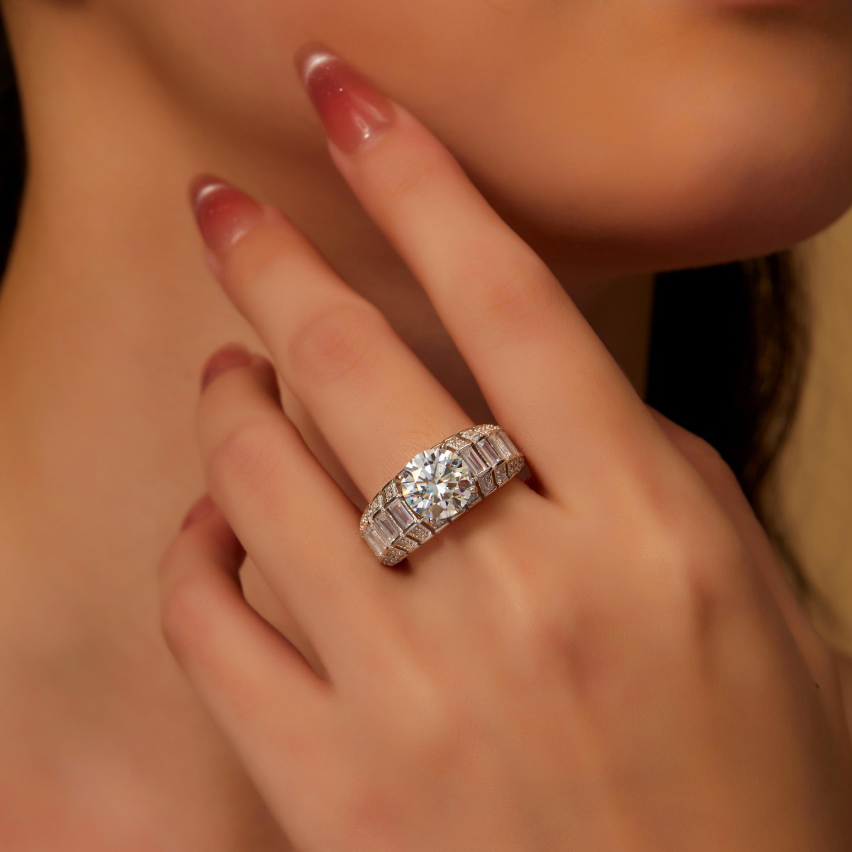 5Ct Moissanite Three-Row Tapered Shank Sterling Silver Engagement Ring