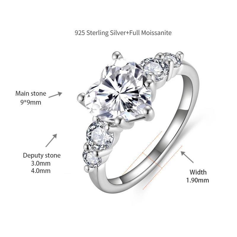 3Ct Moissanite Heart Cut Side Chic Five-Stone Sterling Silver Engagement Ring