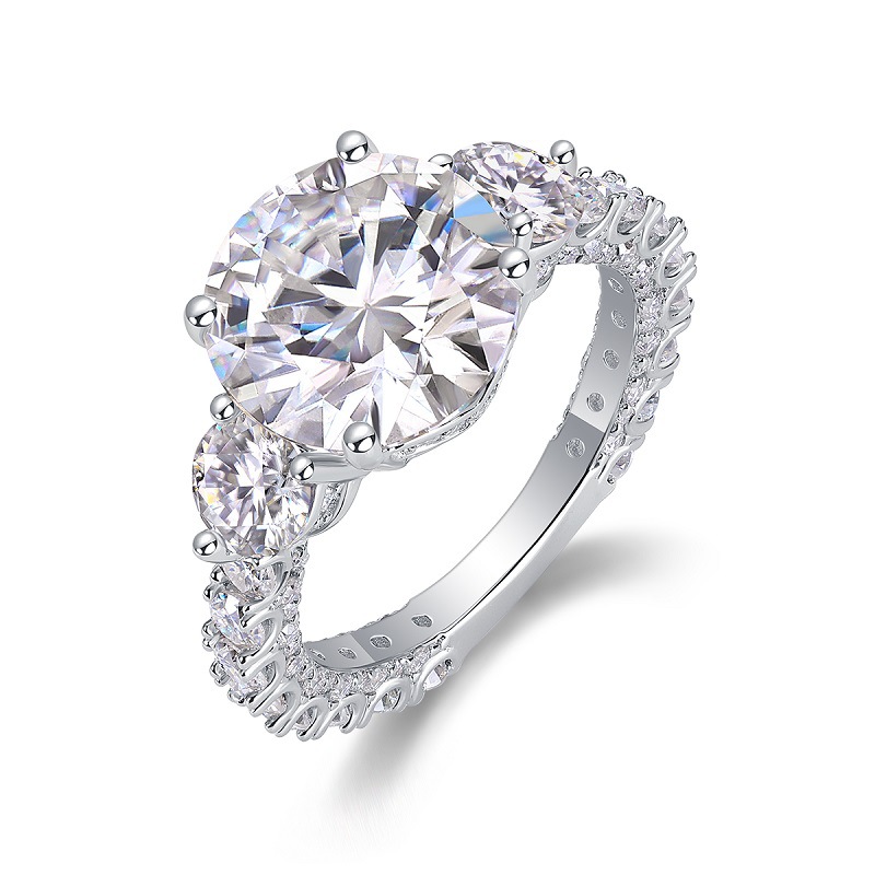 5Ct Round Cut Moissanite Sparkling Three-Stone Halo Sterling Silver Engagement Ring