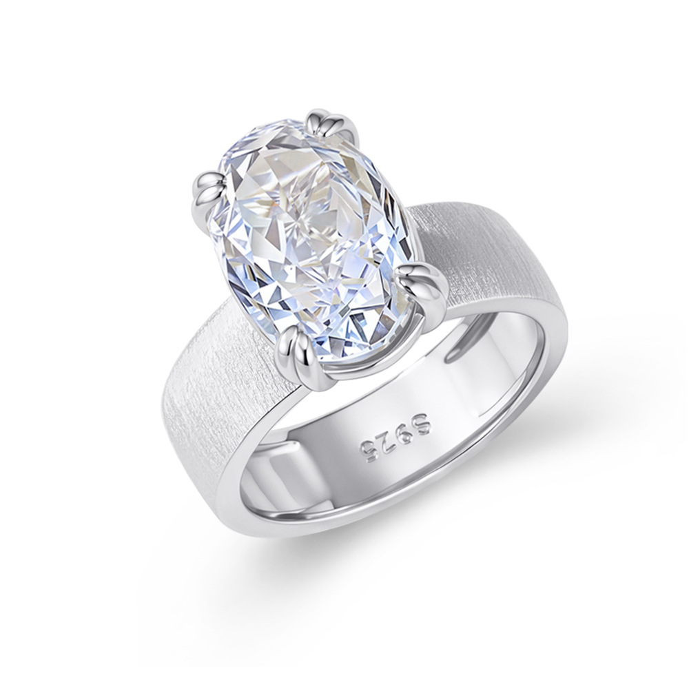 Luna Moissanite 4.0 Ct Oval Cut Solitaire Wide Band Brushed Engagement Ring In Sterling Silver