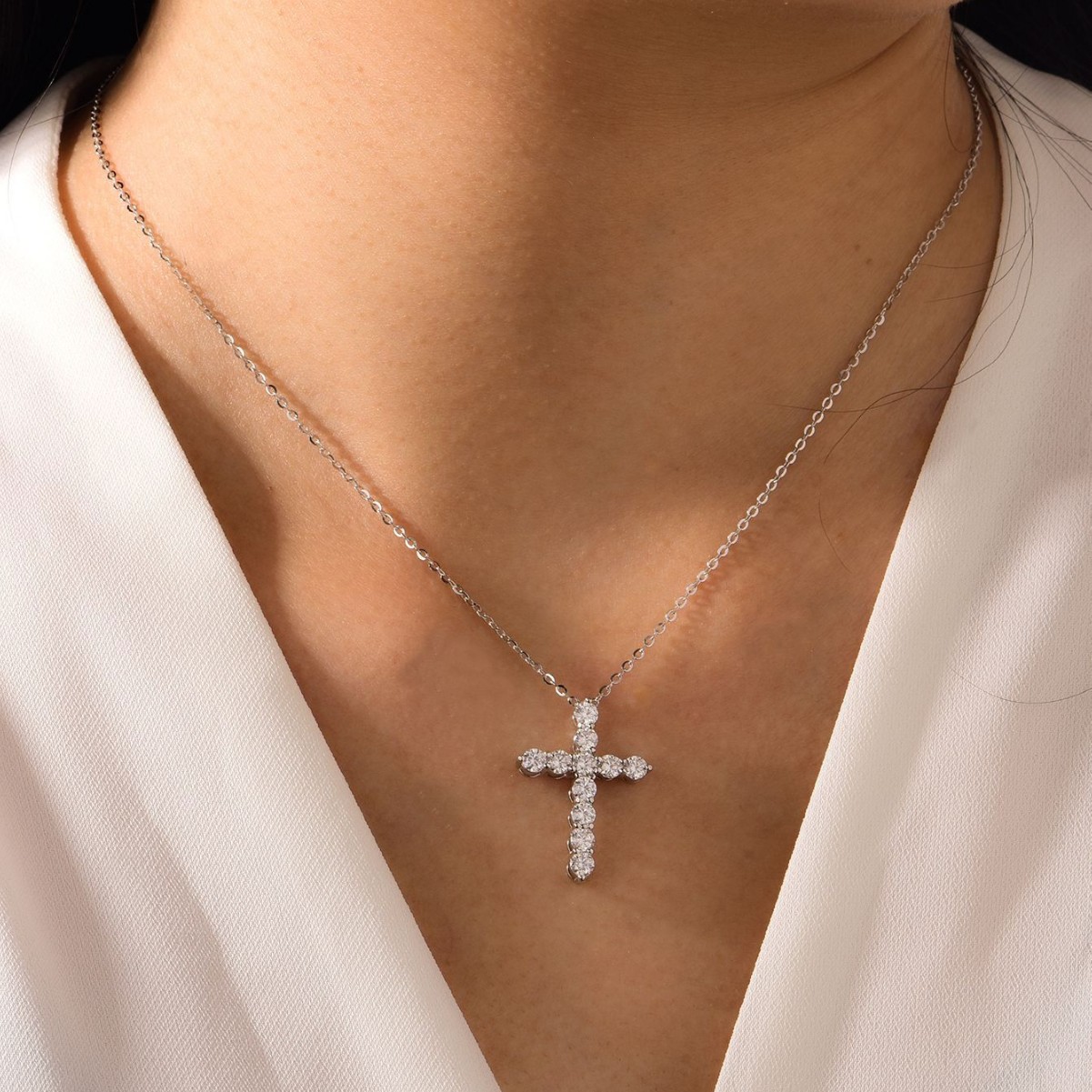 Luna Moissanite Cross Design Necklace In Sterling Silver