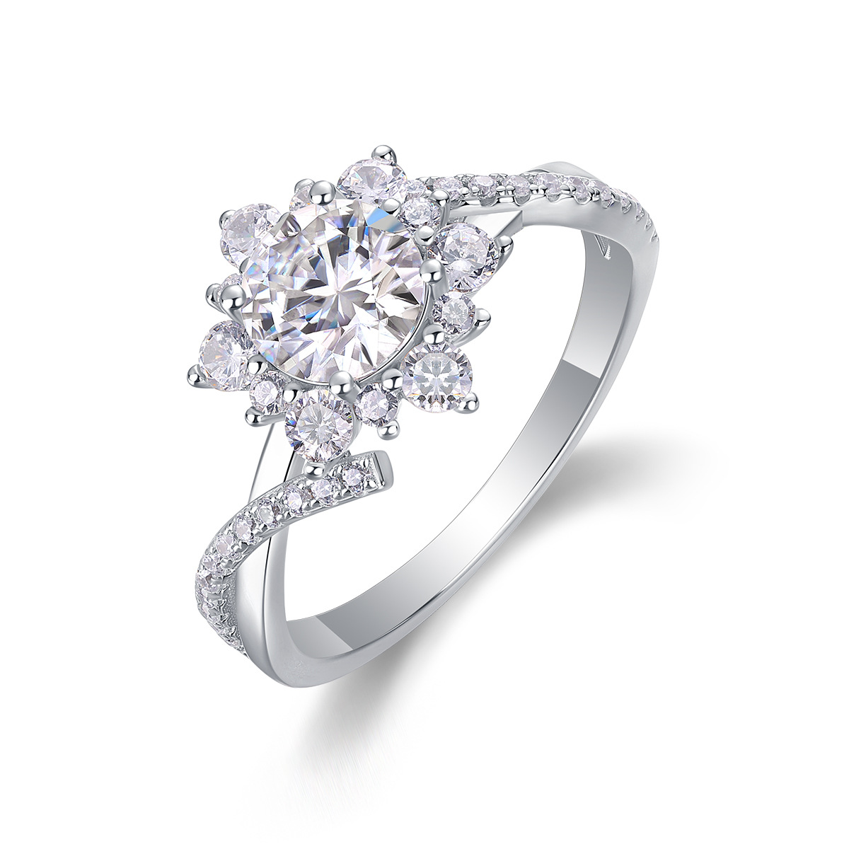 1Ct Round Cut Moissanite Elegant Floral Halo Design Sterling Silver Engagement Ring