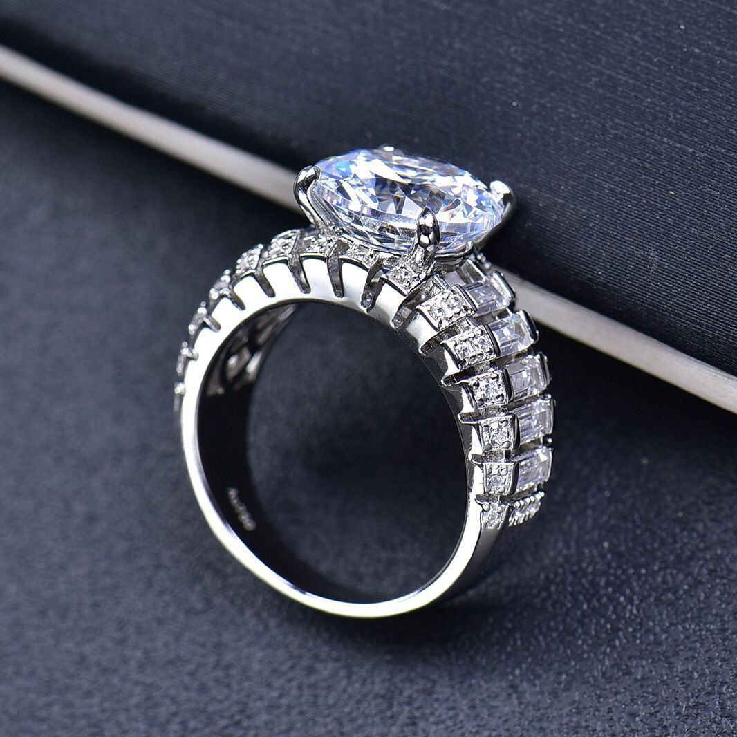 5Ct Moissanite Three-Row Tapered Shank Sterling Silver Engagement Ring