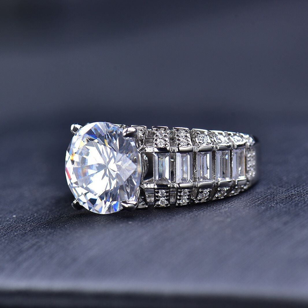 5Ct Moissanite Three-Row Tapered Shank Sterling Silver Engagement Ring