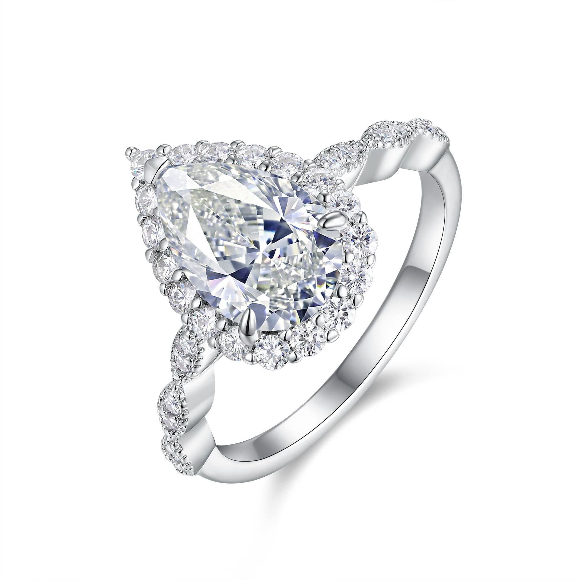 3Ct Pear Cut Moissanite Classic Halo Design Sterling Silver Engagement Ring