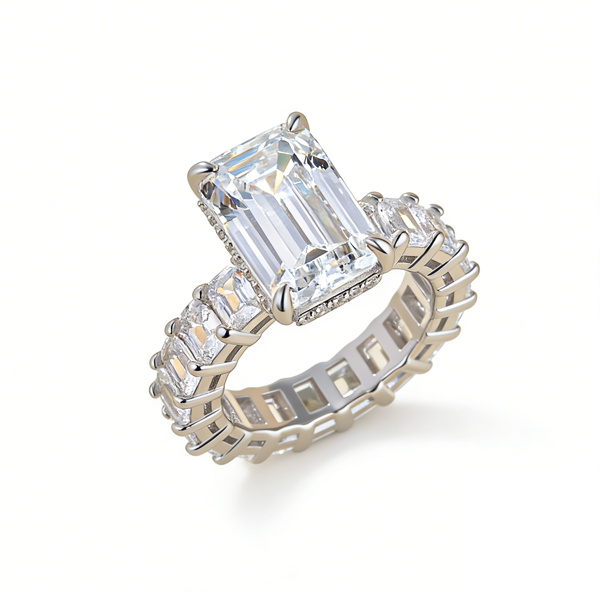 2Ct Moissanite Emerald Cut Engagement Ring with Full Eternity Shank in Sterling Silver