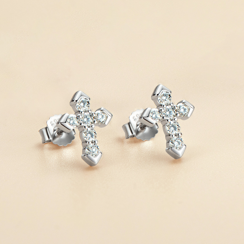 Luna Moissanite Round Cut Cross Design Earrings In Sterling Silver
