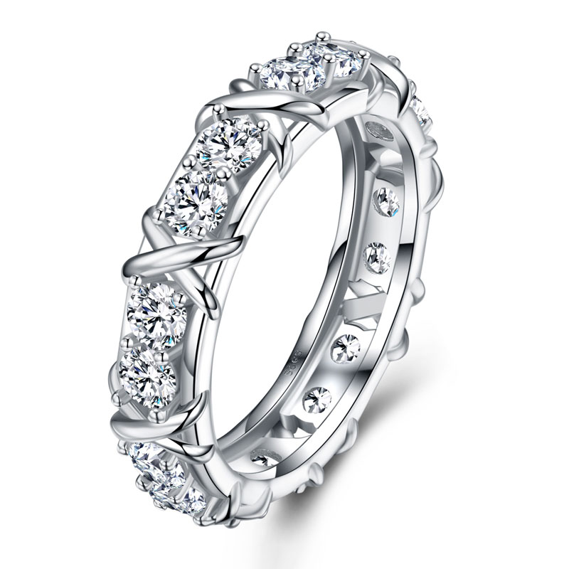 Luna Moissanite Round Cut X-Prong Full Eternity Wedding Band In Sterling Silver