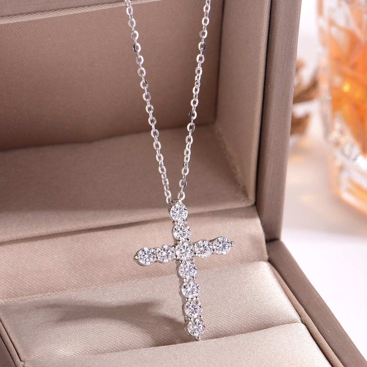 Luna Moissanite Cross Design Necklace In Sterling Silver