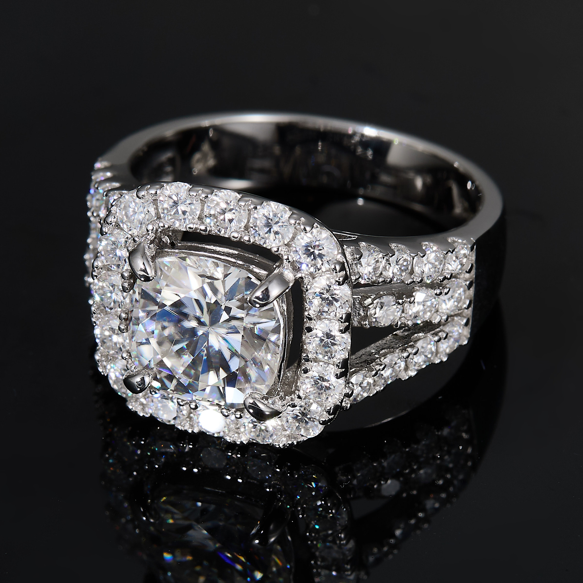 3.5Ct  Cushion Cut Moissanite Pave Luxurious  Eye-Catching  Sterling Silver Engagement Ring