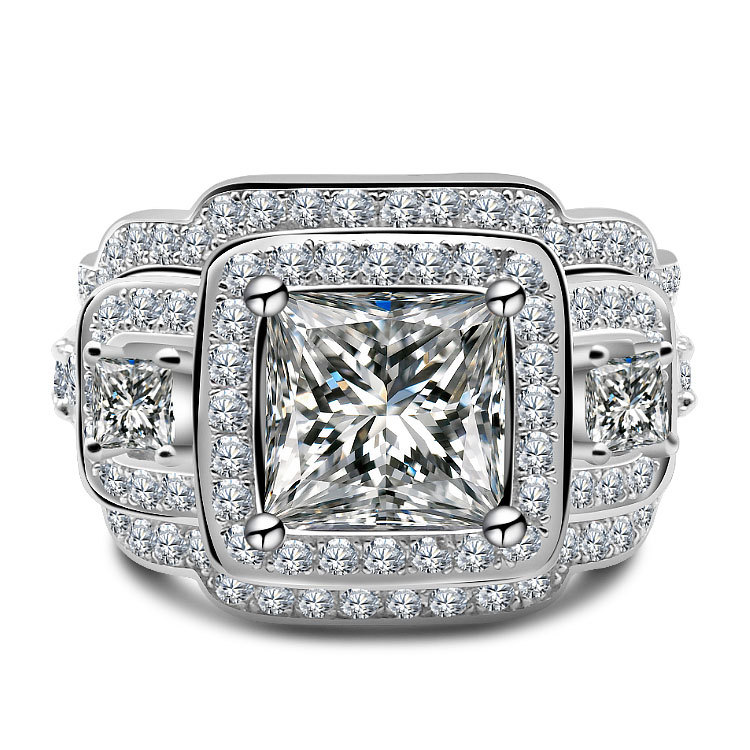 3Ct Luxurious Vintage Princess Cut Halo Side Stone Wedding Ring Set in Sterling Silver