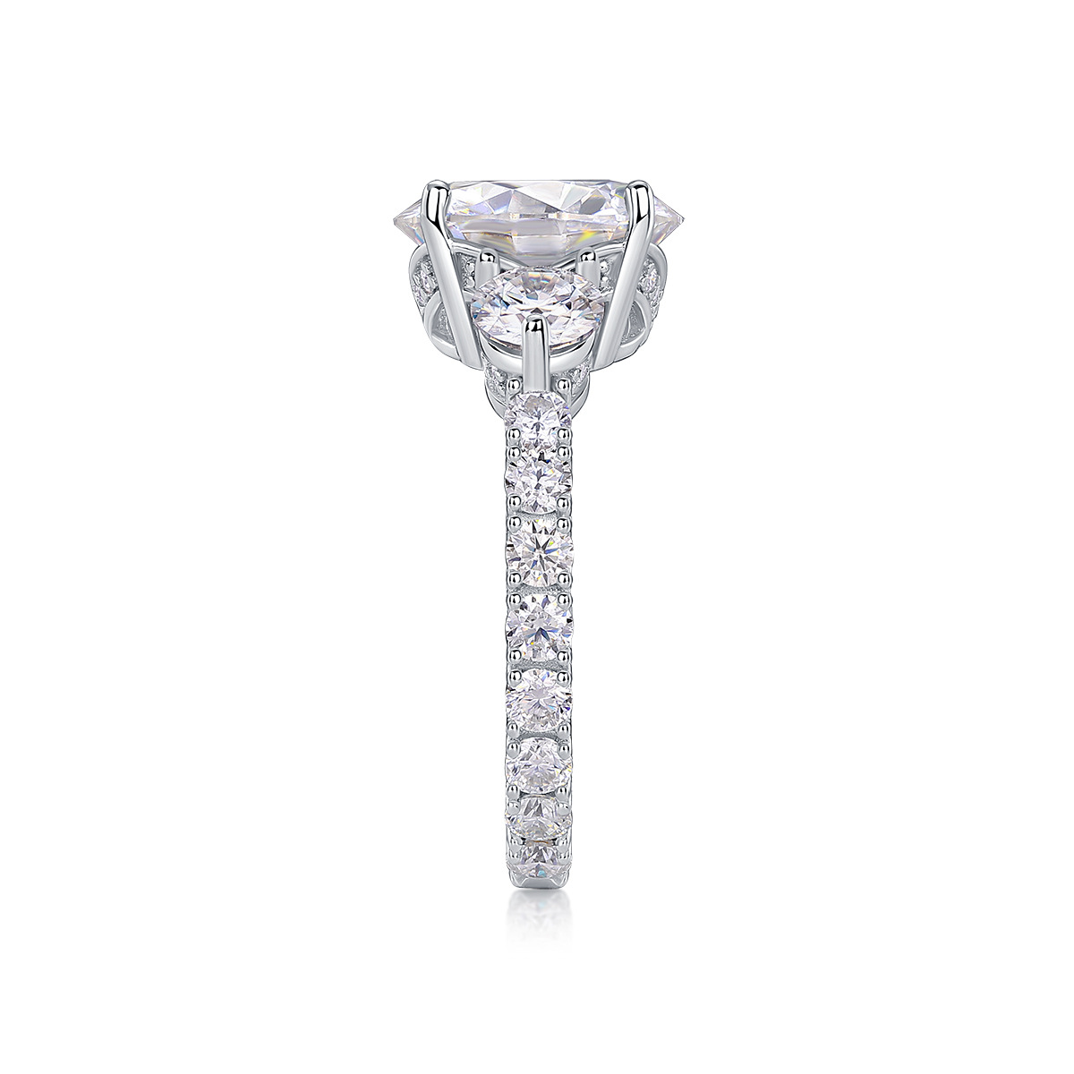 5Ct Round Cut Moissanite Sparkling Three-Stone Halo Sterling Silver Engagement Ring