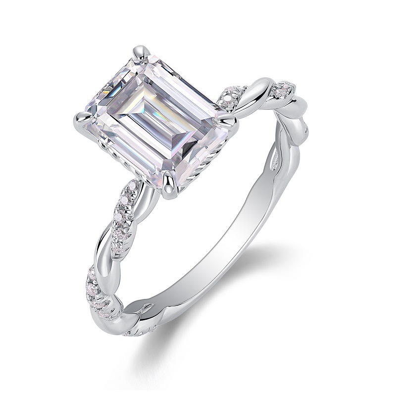 2Ct Emerald Cut Moissanite Vine-Inspired Twisted Band Sterling Silver Engagement Ring