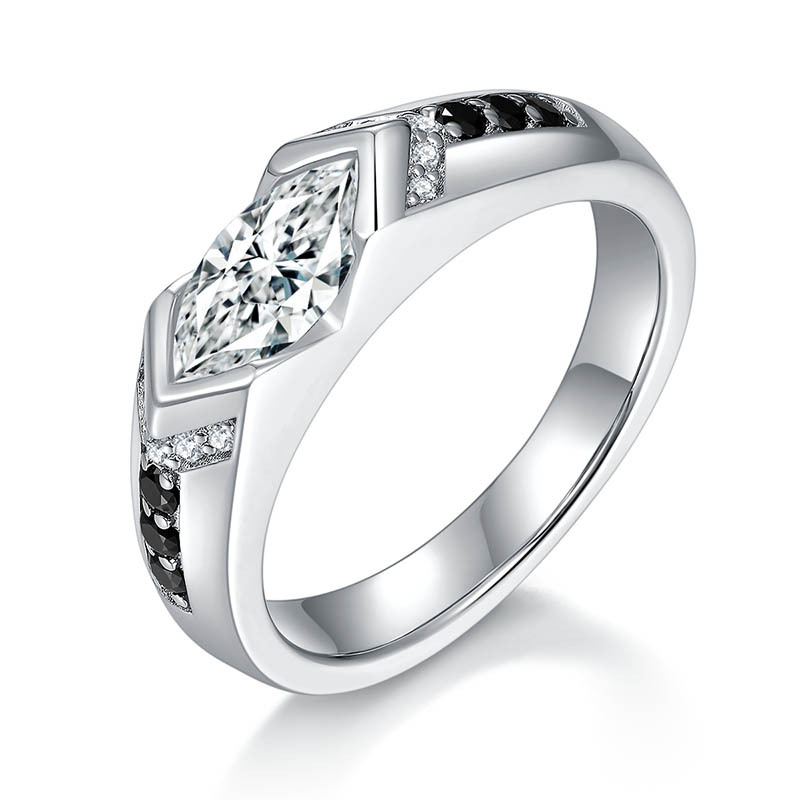 1Ct Marquise Cut Moissanite Bold Harmony Unique Black & White Statement Design Sterling Silver Engagement Ring