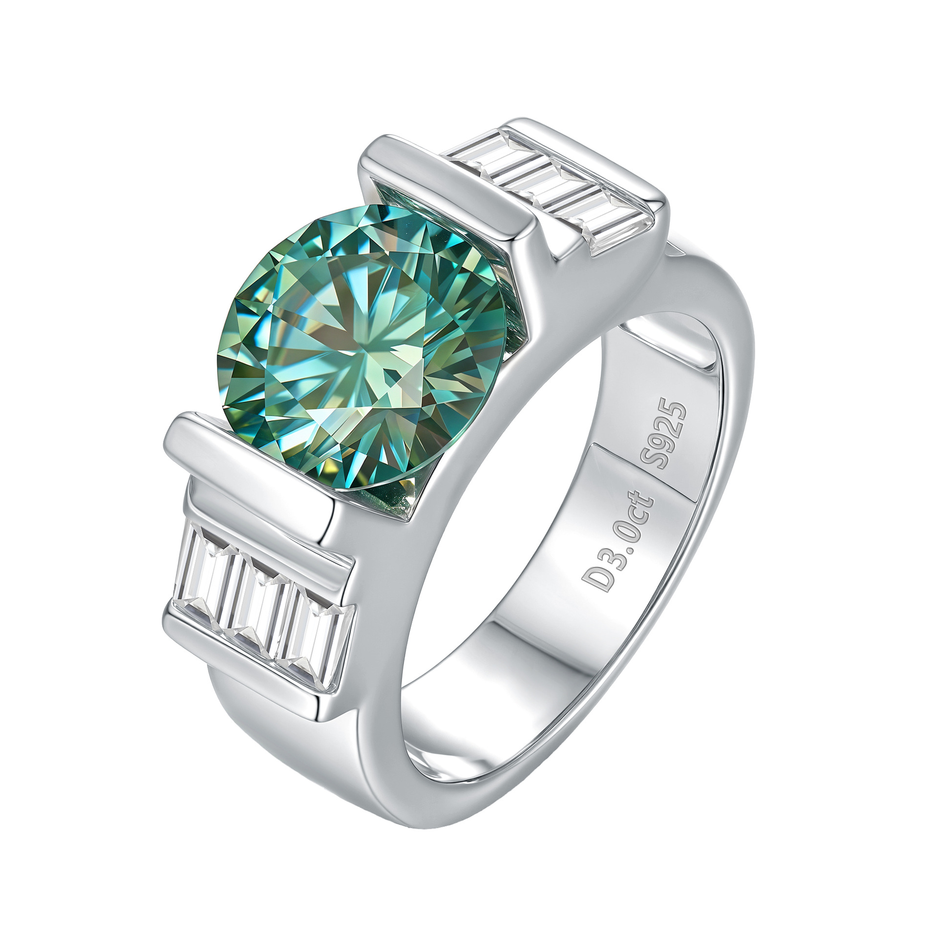 3Ct Round Cut Moissanite TLuxurious Hip Hop Style Green Bold Trendy Sterling Silver Engagement Ring
