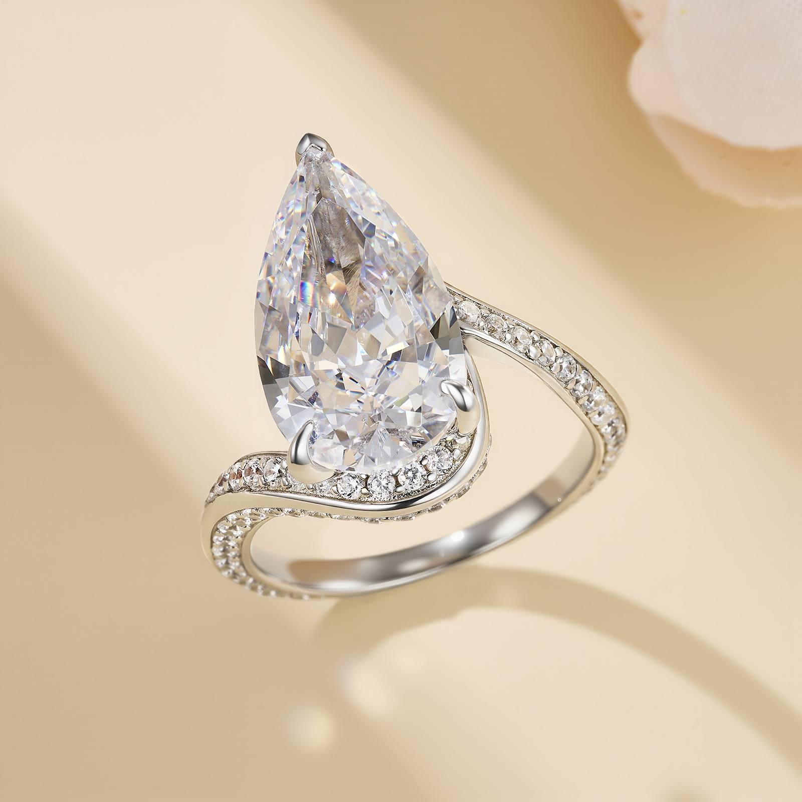 2Ct Moissanite Pear Cut Curved Bypass Engagement Ring with Pave Band in Sterling Silver