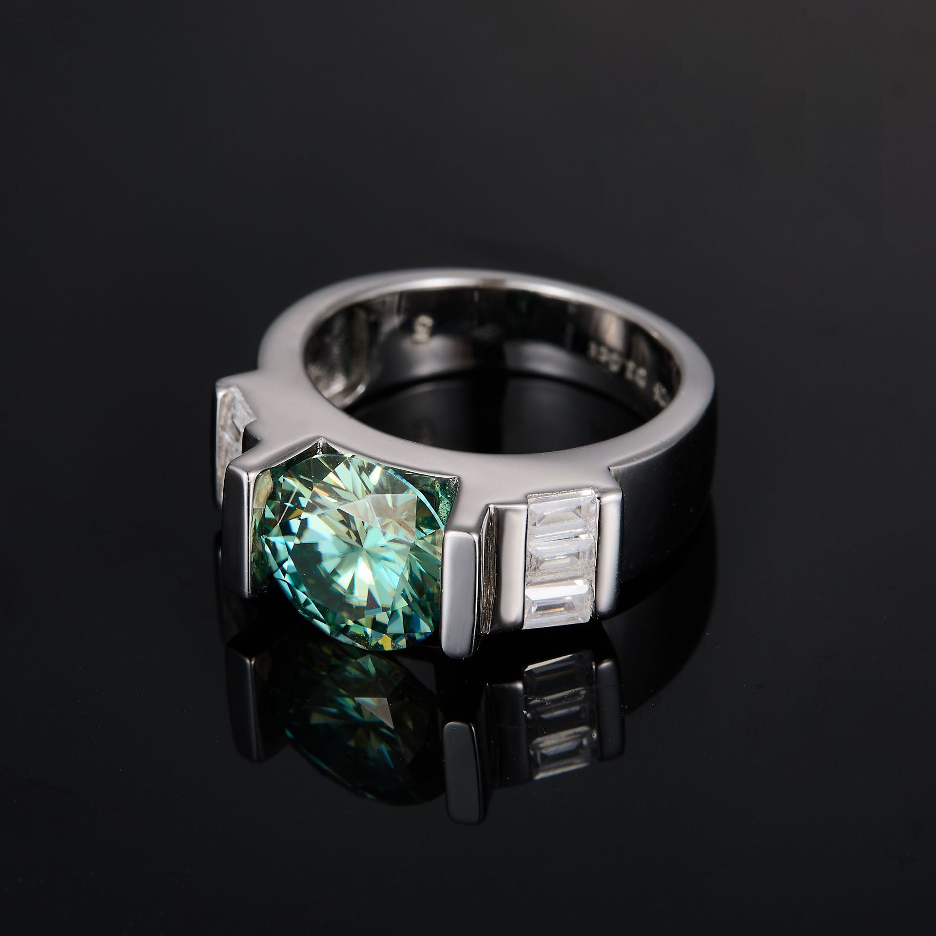 3Ct Round Cut Moissanite TLuxurious Hip Hop Style Green Bold Trendy Sterling Silver Engagement Ring