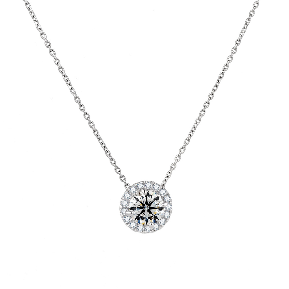 Luna Moissanite 1.0 Ct Round Cut Halo Pendant Necklace In Sterling Silver